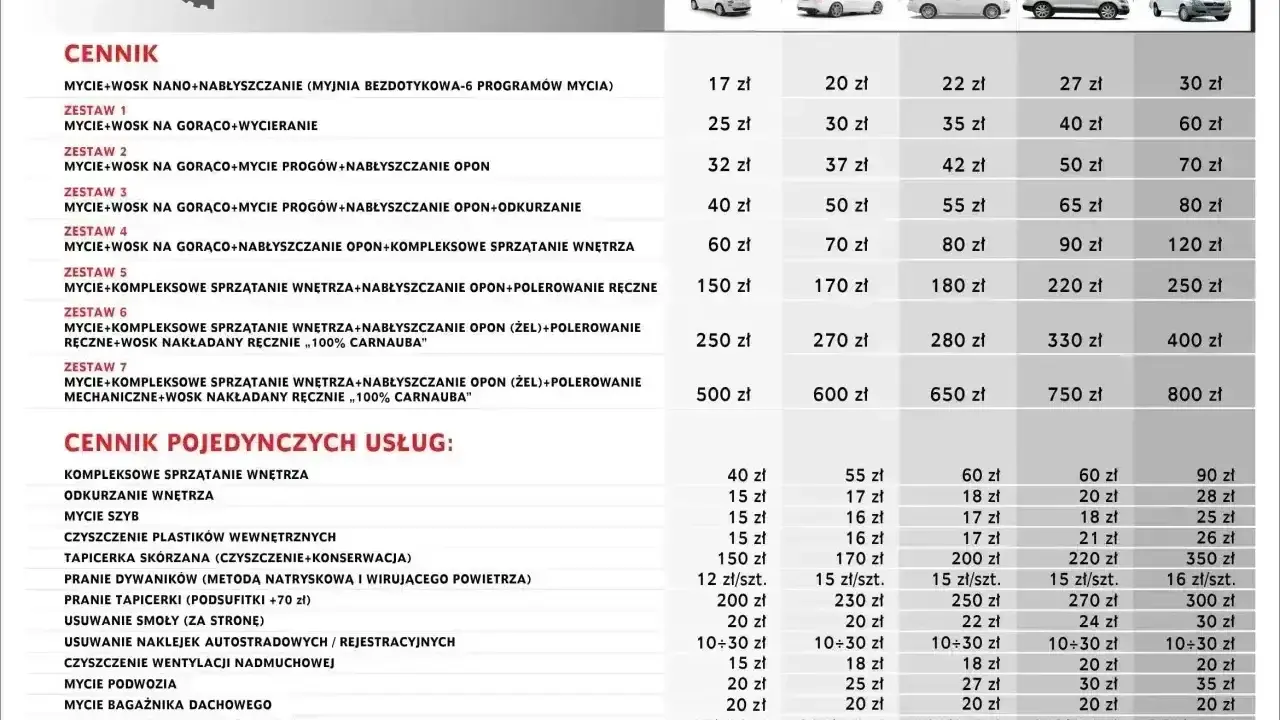 Cennik myjni automatycznej Techcar: od 17 zł za mycie z woskiem nano, po 800 zł za kompleksowe mycie z polerowaniem mechanicznym i woskiem Carnauba.