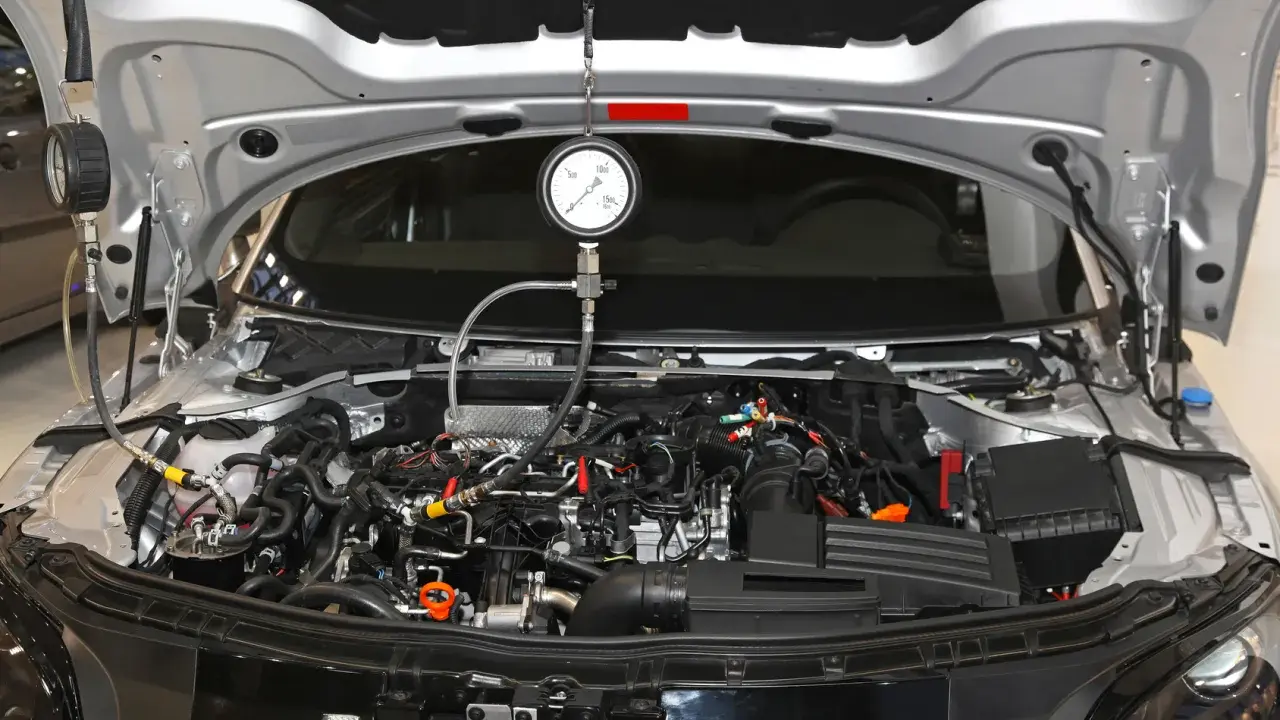 Mechanik sprawdza ciśnienie sprężania diesel w silniku samochodu za pomocą manometru.