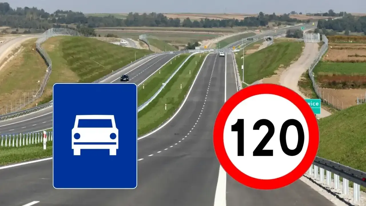 Droga ekspresowa z ograniczeniem prędkości do 120 km/h. Znak informuje o dopuszczalnej prędkości.