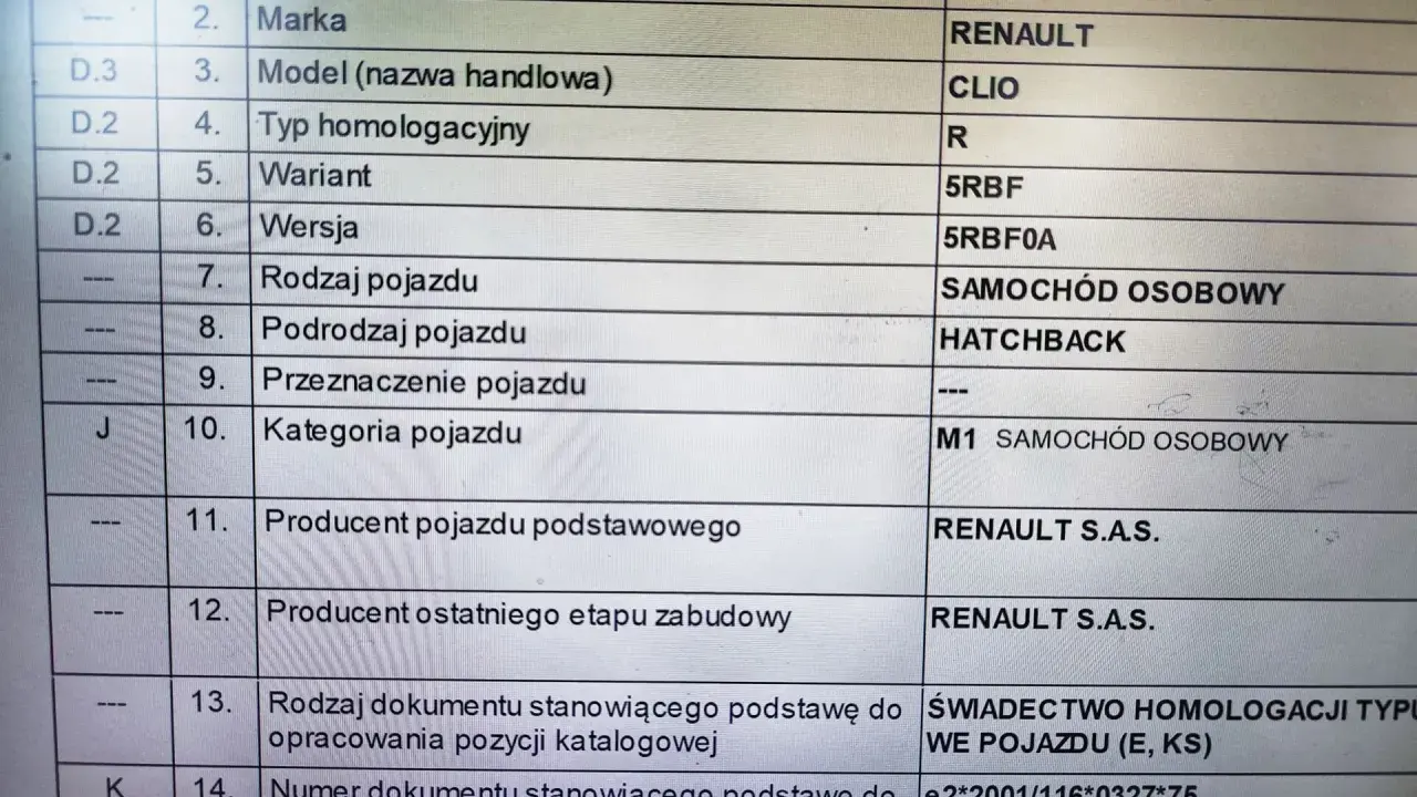 Dokument homologacja M1 dla Renault Clio, z danymi technicznymi i numerem świadectwa homologacji typu WE pojazdu.