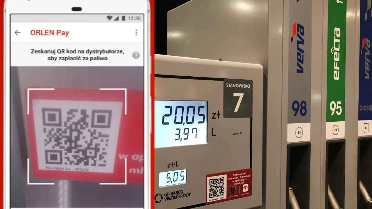 Aplikacja ORLEN Pay pokazuje kod QR do płatności za paliwo. Obok dystrybutor z cenami, sugerując, czy na Orlenie można płacić Blikiem.