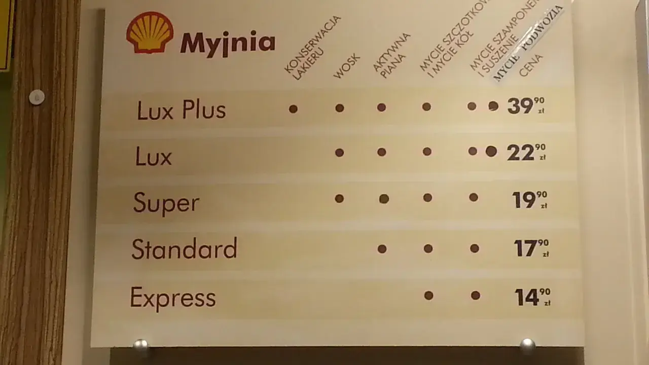 Cennik myjni Shell: Lux Plus 39,90 zł, Lux 22,90 zł, Super 19,90 zł, Standard 17,90 zł, Express 14,90 zł.
