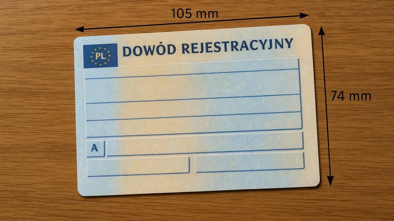 Dowód rejestracyjny ma wymiary 105 mm x 74 mm.