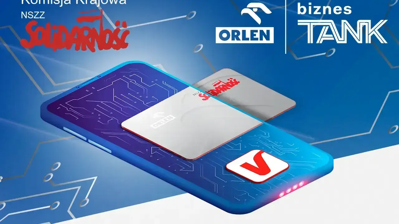 Karta podarunkowa Orlen na tle telefonu z grafiką obwodów. Logo "Solidarności" i "Biznes Tank".