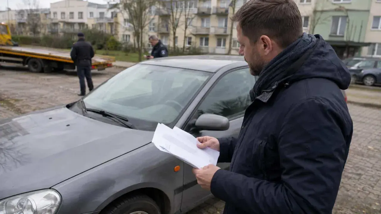 Mężczyzna czyta dokumenty przy samochodzie, zastanawiając się, jak odzyskać dowód rejestracyjny zatrzymany elektronicznie. W tle widać lawetę i policjantów.