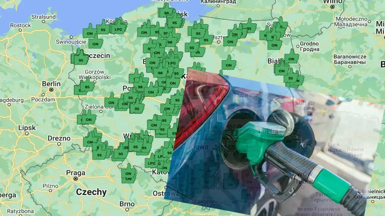 Mapa Polski z zaznaczonymi stacjami paliw i cenami. W tle widać dystrybutor paliwa. Sprawdź aktualną cng cenę!