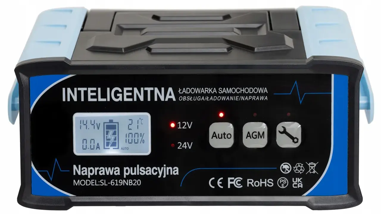 Inteligentna ładowarka samochodowa z wyświetlaczem, przyciskami Auto, AGM i ikoną klucza.