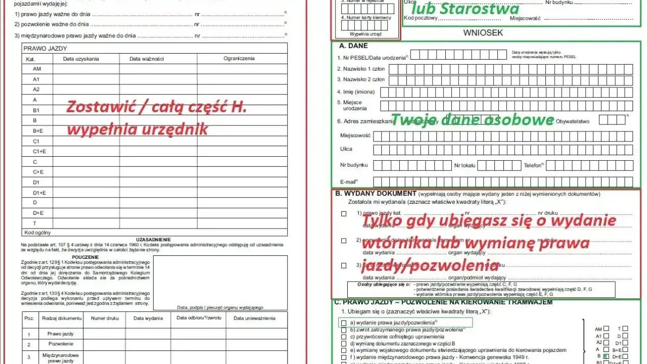 Formularz wniosku o wydanie dokumentu, gdzie zaznaczono: "Tylko gdy ubiegasz się o wydanie wtórnika lub wymianę prawa jazdy/pozwolenia".