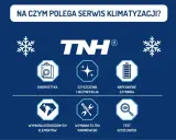 Grafika przedstawia schemat serwisu klimatyzacji w samochodzie: diagnostyka, czyszczenie, napełnianie, wymiana elementów i filtra, test szczelności.