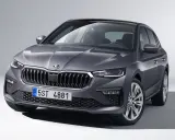 Szary samochód Skoda z charakterystycznym grillem i reflektorami LED. Widoczny segment c, czyli tylna część nadwozia, z przyciemnianymi szybami.