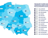 Mapa Polski z literami oznaczającymi województwa i powiaty, klucz do rejestracji pojazdów.