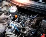 Mechanik sprawdza jakie minimalne ciśnienie sprężania diesel za pomocą manometru.