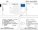 Porównanie kart kierowcy G1 i G2. Widoczne pola na dane kierowcy, zdjęcie i pieczątkę urzędu wydającego.