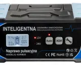 Inteligentna ładowarka samochodowa z wyświetlaczem, przyciskami Auto, AGM i ikoną klucza.