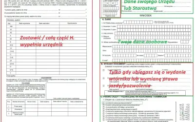 Formularz wniosku o wydanie dokumentu, gdzie zaznaczono: "Tylko gdy ubiegasz się o wydanie wtórnika lub wymianę prawa jazdy/pozwolenia".