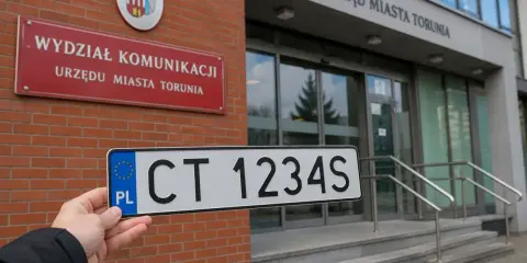 Tablica rejestracyjna CT 1234S przed Wydziałem Komunikacji Urzędu Miasta Torunia.
