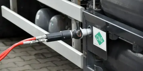 Tankowanie gazu CNG. Wąż podłączony do pojazdu z zielonym logo CNG. Gdzie tankować?