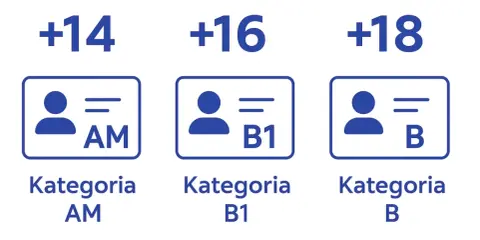 Ikony przedstawiają kategorie prawa jazdy: AM (+14 lat), B1 (+16 lat) i B (+18 lat). Kategoria pojazdu M1.