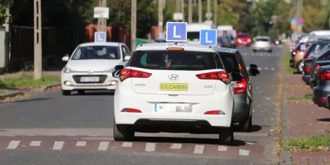 Samochody z literą "L" na dachu i tabliczką "EGZAMIN" czekają na egzamin na prawo jazdy.
