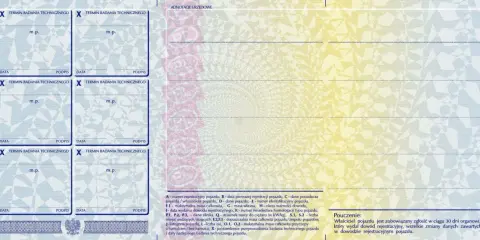 Sekcja "termin badania technicznego" z polami na datę i podpis, obok adnotacji urzędowych. Wskazuje na datę wydania dowodu rejestracyjnego.