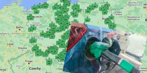 Mapa Polski z zaznaczonymi stacjami paliw i cenami. W tle widać dystrybutor paliwa. Sprawdź aktualną cng cenę!