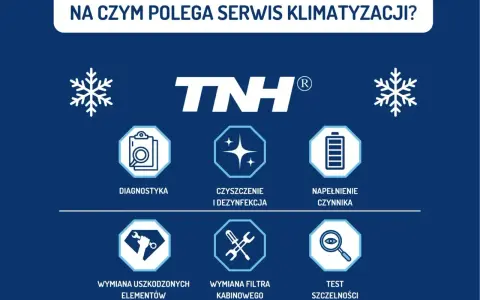 Grafika przedstawia schemat serwisu klimatyzacji w samochodzie: diagnostyka, czyszczenie, napełnianie, wymiana elementów i filtra, test szczelności.