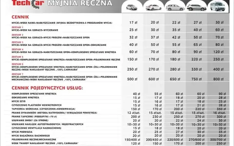 Cennik myjni automatycznej Techcar: od 17 zł za mycie z woskiem nano, po 800 zł za kompleksowe mycie z polerowaniem mechanicznym i woskiem Carnauba.