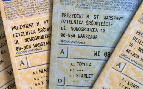 Dokumenty rejestracyjne pojazdów z Warszawy, ul. Nowogrodzka 43. Widoczne dane dotyczące rejestracji samochodu wr.