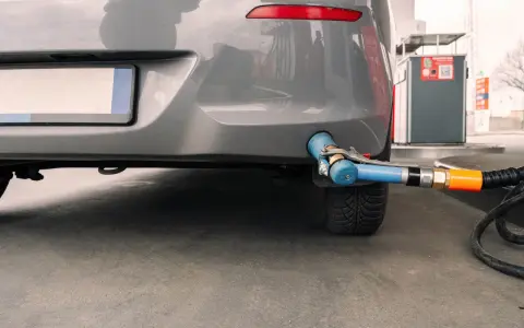 Złącze do tankowania LPG przy samochodzie, przygotowanie do demontażu instalacji. Zaświadczenie o demontażu instalacji LPG będzie potrzebne.