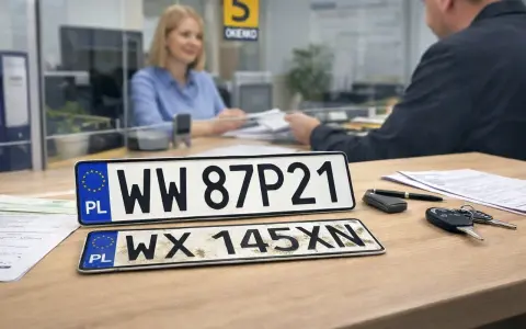 Tablice rejestracyjne WW 87P21 i WX 145XN leżą na biurku, obok kluczyków do samochodu i długopisu. W tle urzędniczka pomaga klientowi w procesie rejestracji.