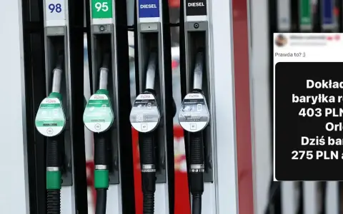 Stacja paliw z dystrybutorami benzyny 98, 95 i diesla. Obok tekst: "Dokładnie baryłka ropy 403 PLN. Orlen. Dziś baryłka 275 PLN".