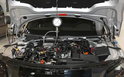 Mechanik sprawdza ciśnienie sprężania diesel w silniku samochodu za pomocą manometru.