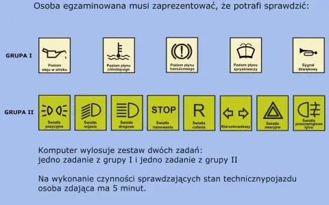 Egzamin na prawo jazdy kat A: sprawdzenie poziomu oleju, płynów, świateł i sygnału dźwiękowego.