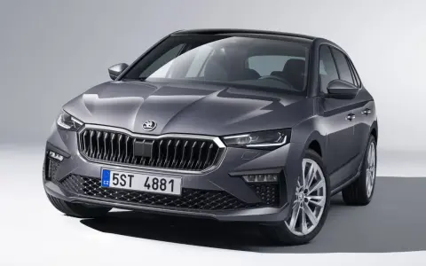 Szary samochód Skoda z charakterystycznym grillem i reflektorami LED. Widoczny segment c, czyli tylna część nadwozia, z przyciemnianymi szybami.