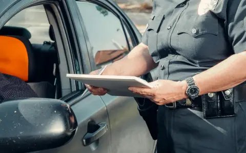 Policjant spisuje dane podczas kontroli drogowej, być może w związku z wymianą karty kierowcy.