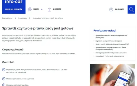 Strona info-car.pl pozwala sprawdzić status PKK (Profilu Kandydata na Kierowcę) i czy prawo jazdy jest gotowe do odbioru.