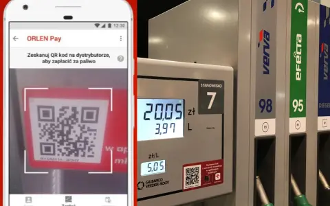 Aplikacja ORLEN Pay pokazuje kod QR do płatności za paliwo. Obok dystrybutor z cenami, sugerując, czy na Orlenie można płacić Blikiem.