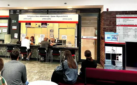 W urzędzie ludzie czekają na obsługę. Na tablicy informacja o tym, jak sprawdzić swój numer PKK online, dotyczy spraw związanych z prawem jazdy.