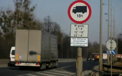 Znak zakazu wjazdu dla pojazdów o masie powyżej 18 ton w określonych godzinach. Czy tiry mogą jeździć w niedzielę? Zależy od zezwolenia.