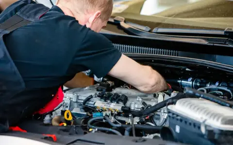 Mechanik pracuje przy silniku z instalacją gazową. Sprawdza podzespoły, by zapewnić optymalną cng cenę za litr.