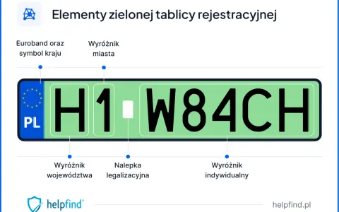 Elementy zielonej tablicy rejestracyjnej: Euroband z PL, wyróżnik miasta, województwa, nalepka legalizacyjna i indywidualny.
