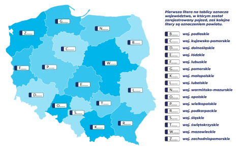 Mapa Polski z literami oznaczającymi województwa i powiaty, klucz do rejestracji pojazdów.