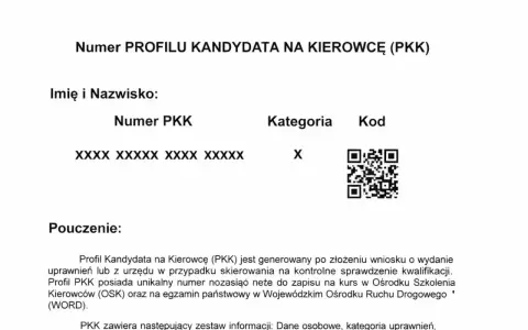 Numer PKK kandydata na kierowcę, kategoria X, kod QR. Dokument zawiera pouczenie o profilu PKK.