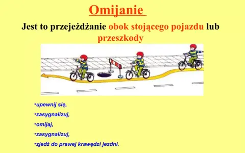 Dzieci na rowerach uczą się omijania przeszkody na drodze. Pamiętaj: upewnij się, zasygnalizuj, omijaj, zasygnalizuj i zjedź do prawej krawędzi.
