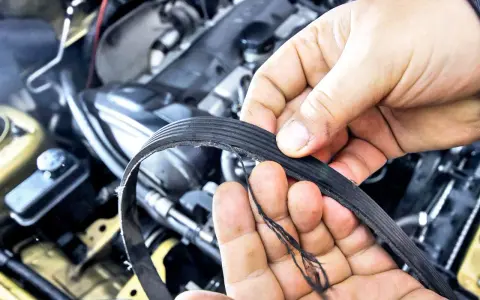 Uszkodzony pasek osprzętu, który wymaga wymiany, widać na dłoniach mechanika.