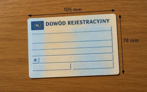Dowód rejestracyjny ma wymiary 105 mm x 74 mm.