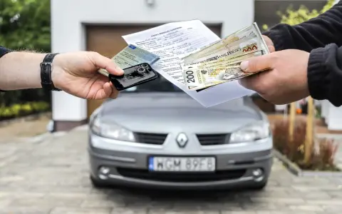 Transakcja kupna auta na dowód osobisty: dokumenty, kluczyki i pieniądze w rękach.