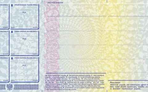 Sekcja "termin badania technicznego" z polami na datę i podpis, obok adnotacji urzędowych. Wskazuje na datę wydania dowodu rejestracyjnego.