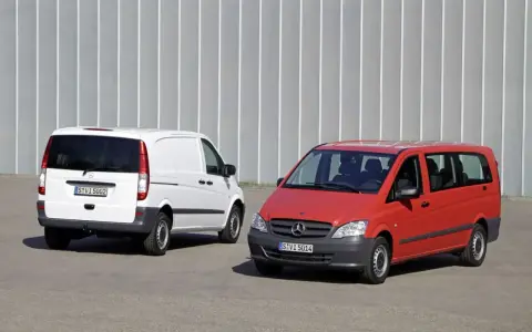 Dwa busy Mercedes-Benz Vito, jeden biały, drugi czerwony, stoją obok siebie. Czy to właśnie ten bus osobowy jest najmniej awaryjny?