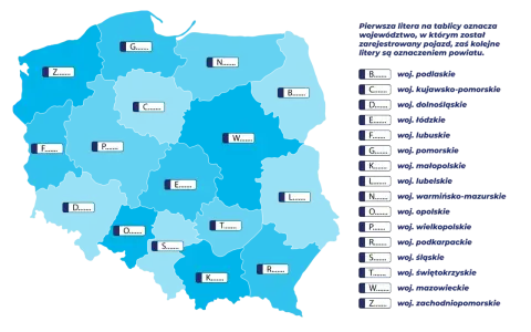 Mapa Polski z literami oznaczającymi województwa, gdzie pierwsza litera to polska rejestracja pojazdu.
